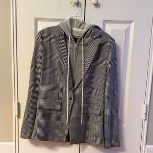 Central Park West Black and White Plaid Blazer with Removable Gray Hoodie